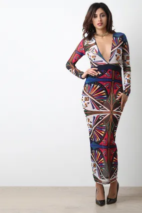 Abstract Geo Mesh Long Sleeve Maxi Dress