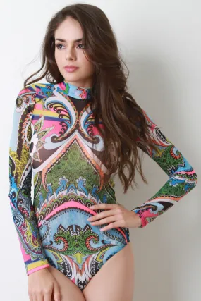 Abstract Paisley Semi-Sheer Mock Neck Bodysuit