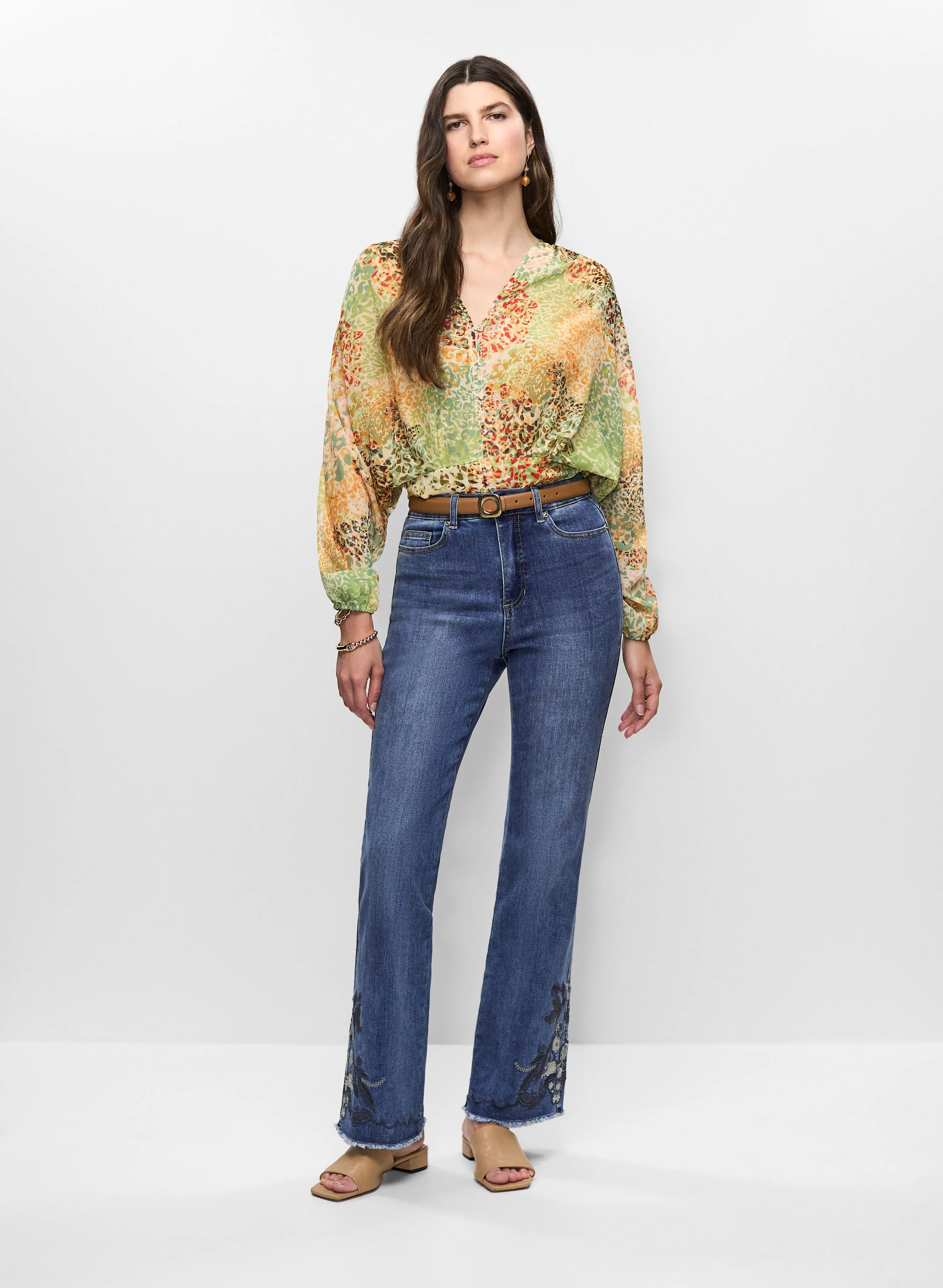 Animal Print Chiffon Top & Embroidered Hem Flare Leg Jeans