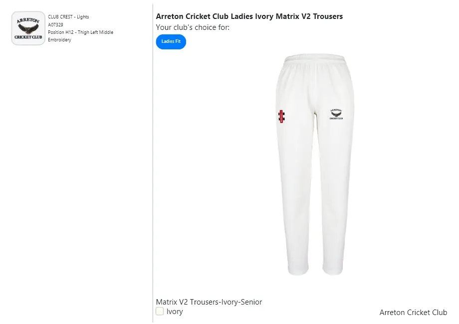 Arreton Cricket Club Ladies Ivory Matrix V2 Trousers