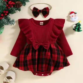 Baby 0-24M Christmas Girl Red Romper, Baby Knit Ruffle Long Sleeve Jumpsuit Plaid Print Xmas