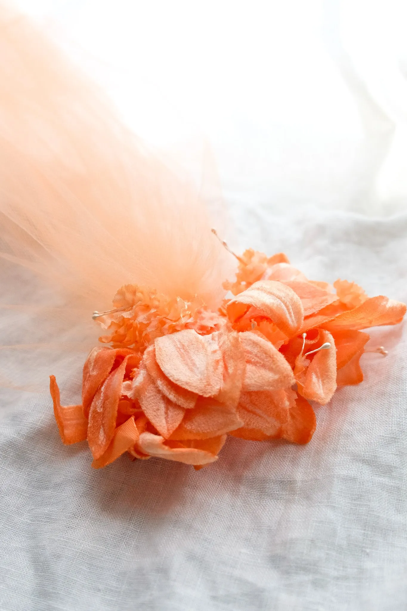 Beautiful 1950's Orange Crush Petals & Pearls Shoulder Length Veil Headpiece / OS