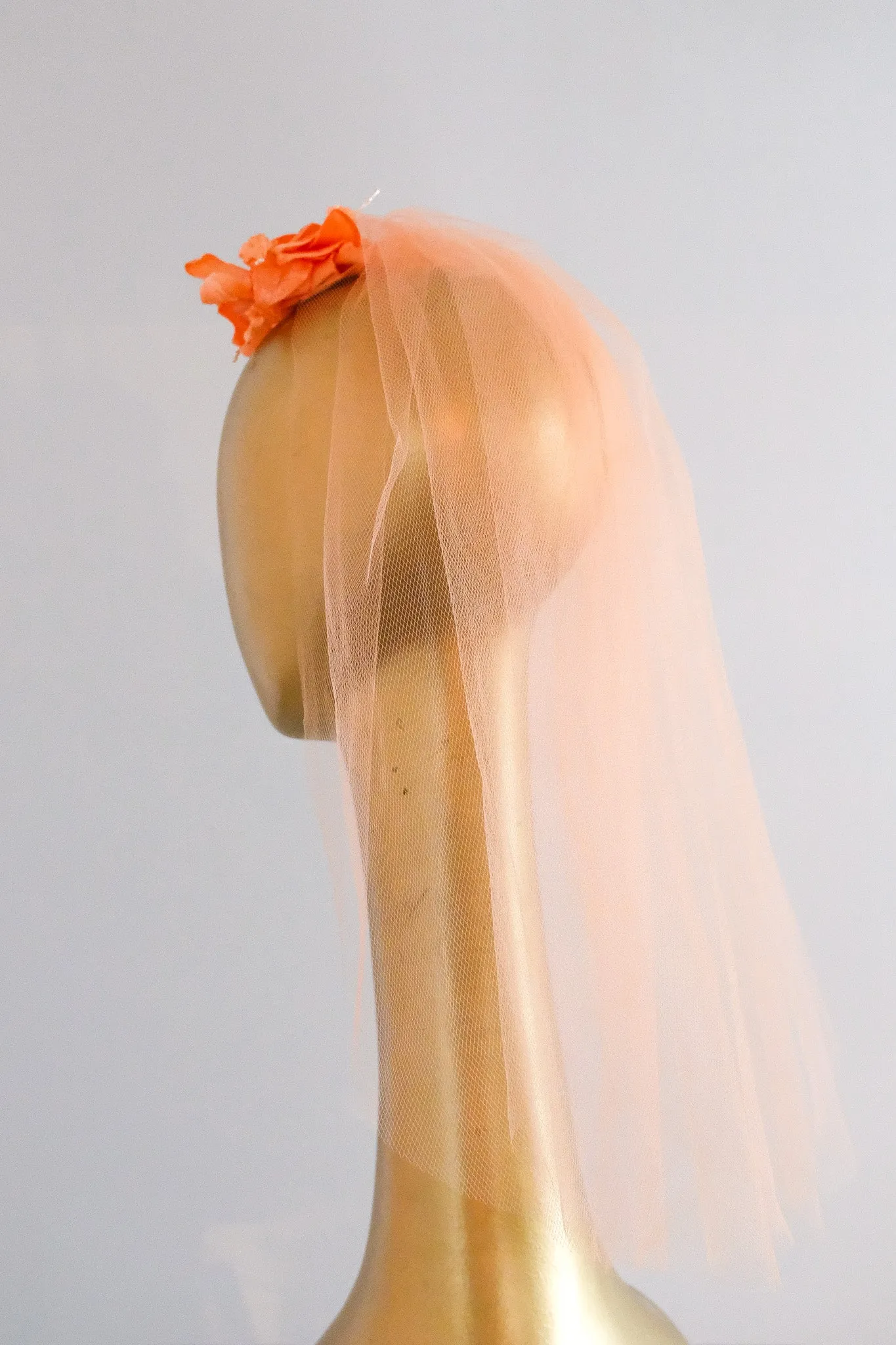 Beautiful 1950's Orange Crush Petals & Pearls Shoulder Length Veil Headpiece / OS