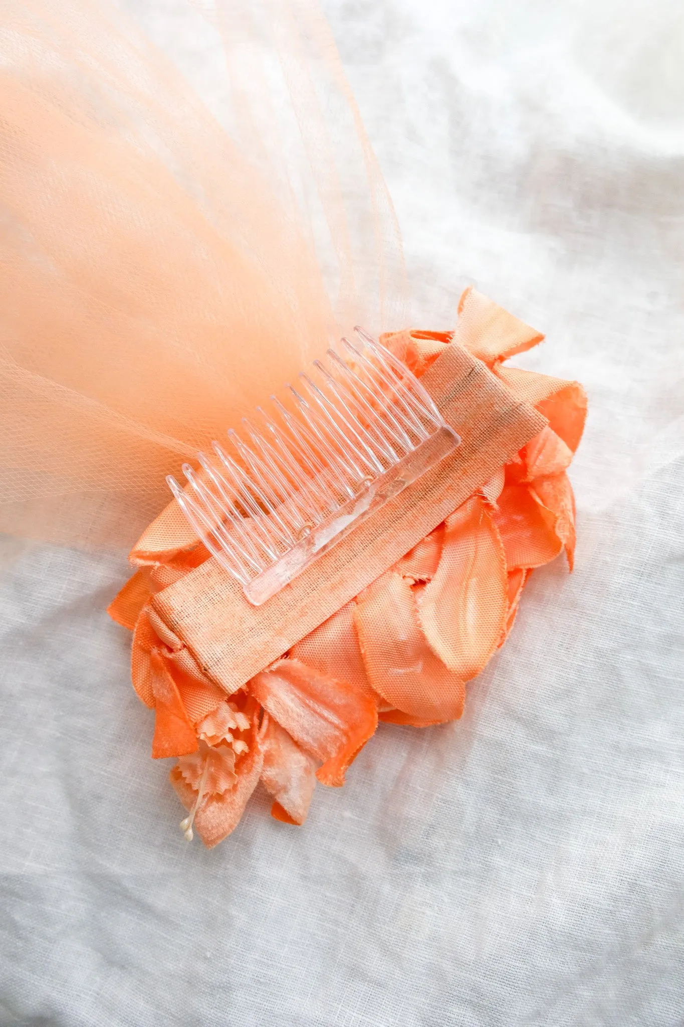 Beautiful 1950's Orange Crush Petals & Pearls Shoulder Length Veil Headpiece / OS