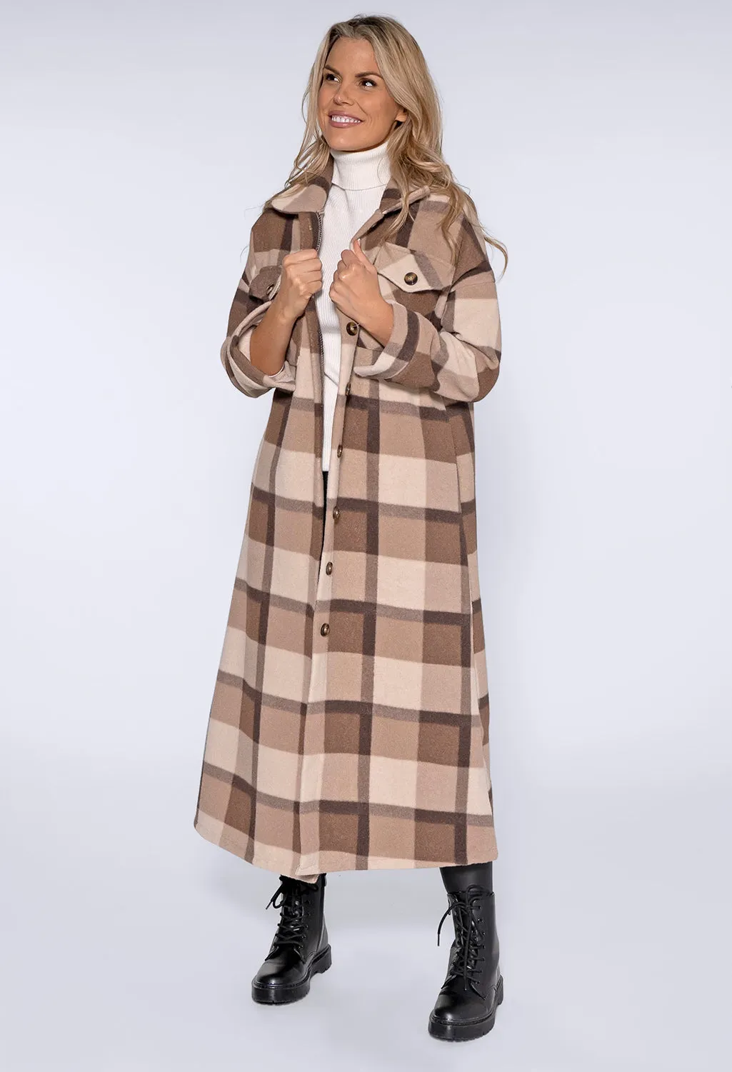 Beige Check Long Coat