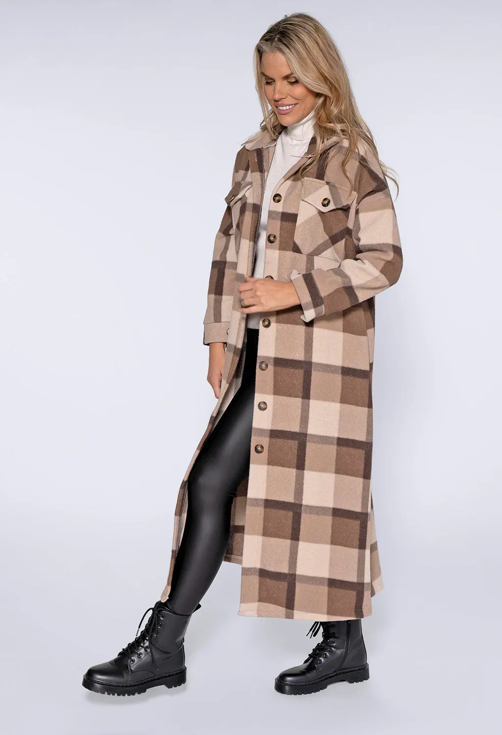 Beige Check Long Coat