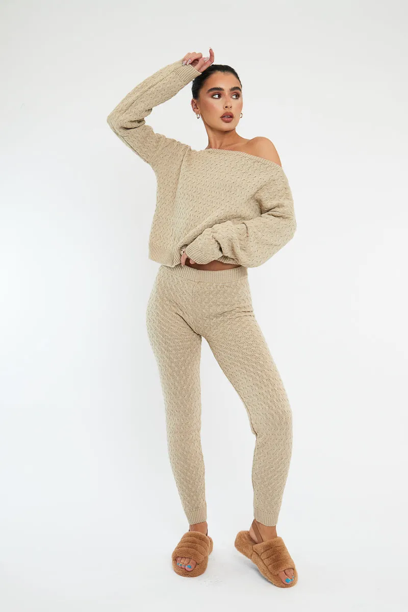 Beige Knit Cropped Jumper & Jogger Set - Kezzie