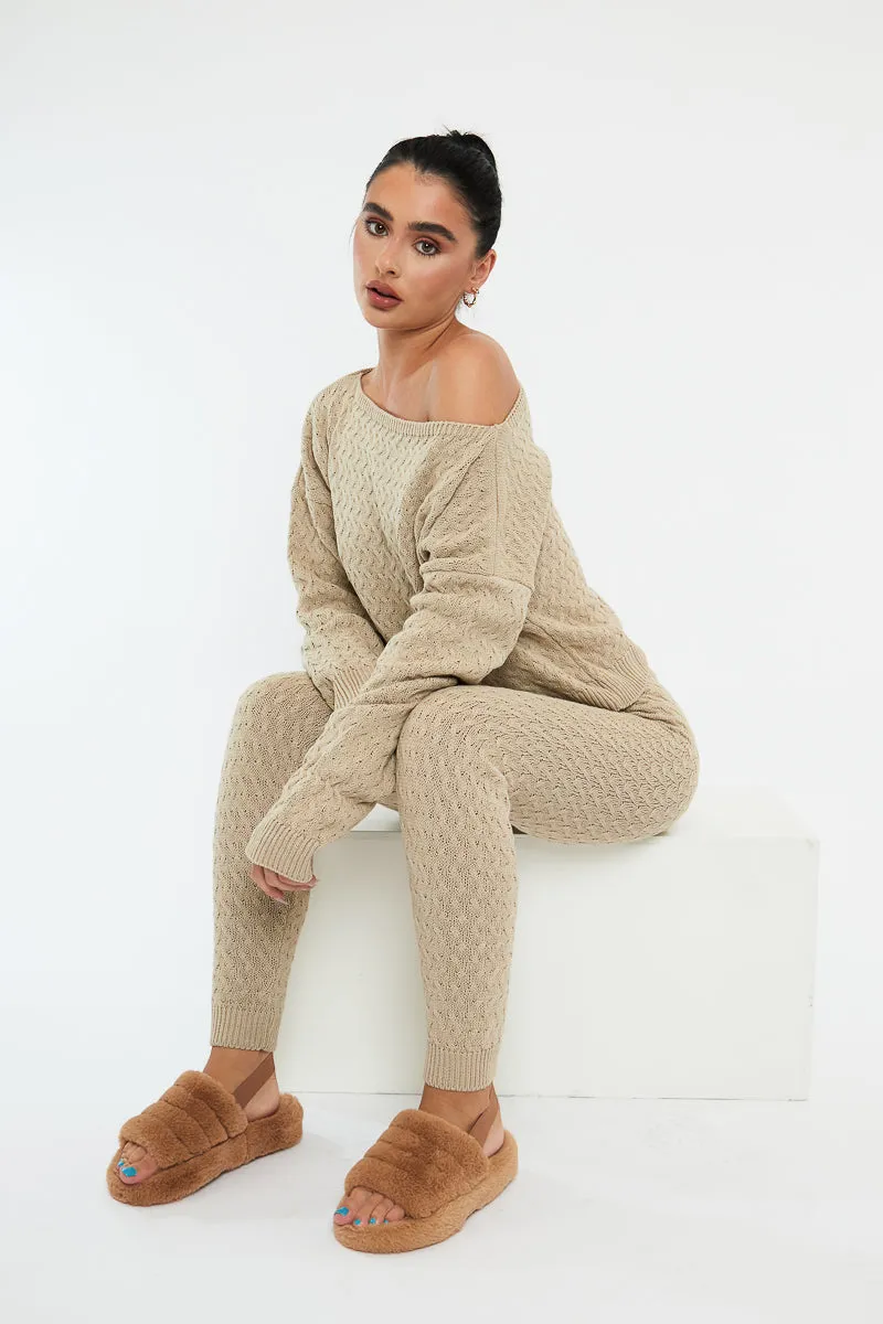 Beige Knit Cropped Jumper & Jogger Set - Kezzie