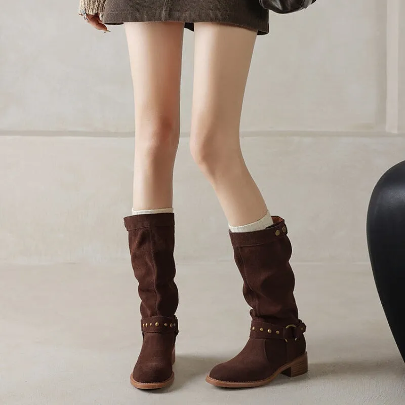 Belted SuedeLeather Riding Boots Low Block Heel Mid Calf Boots in Black/Brown/Green