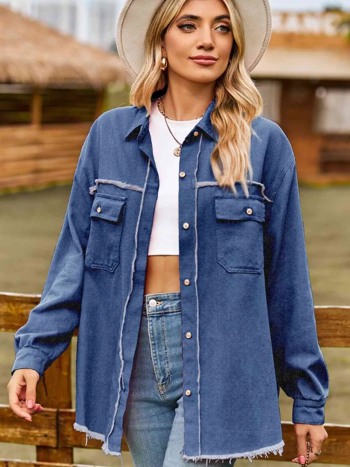 BerryBetty - Button Up Collared Neck Raw Hem Denim Top