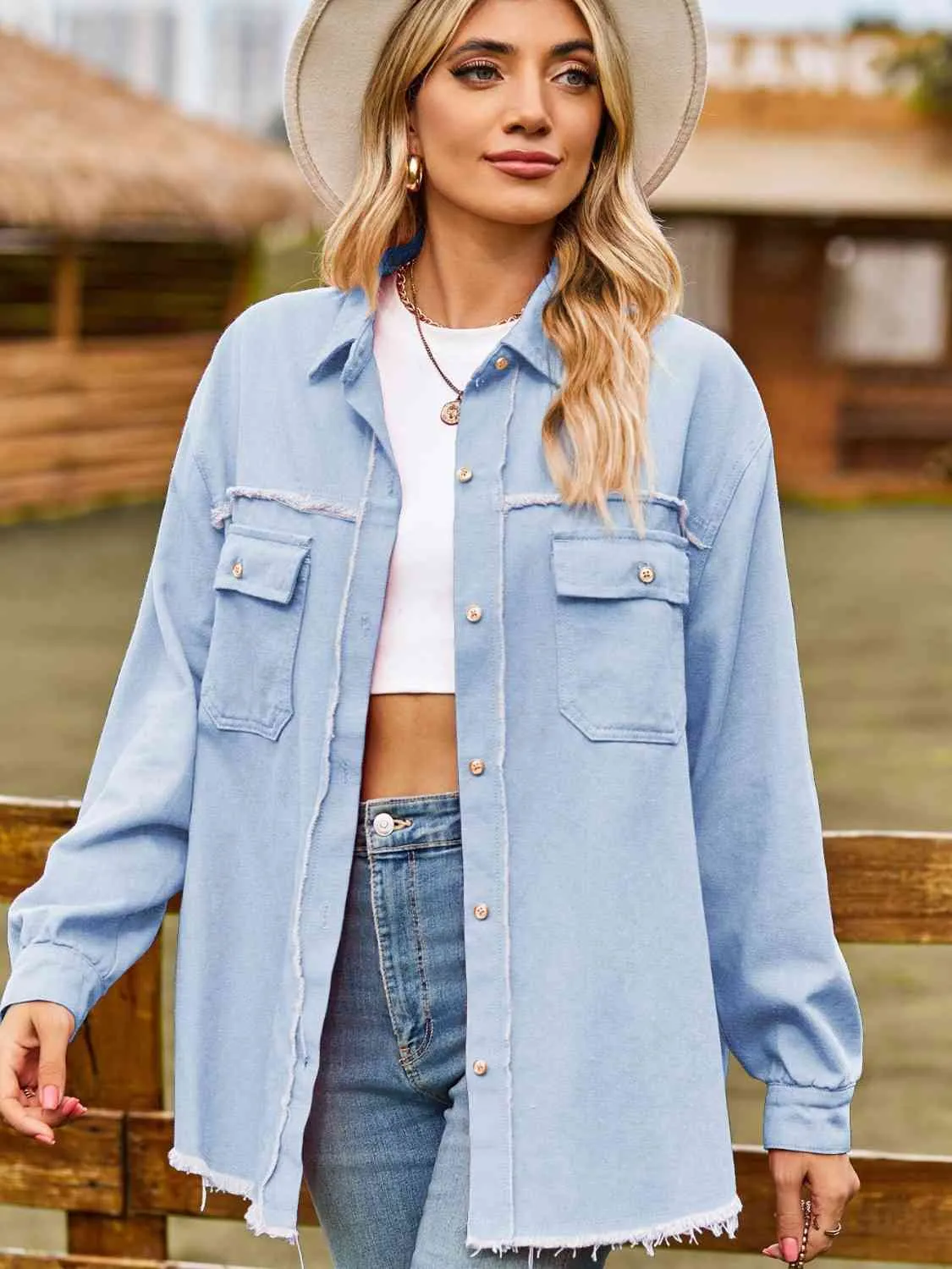 BerryBetty - Button Up Collared Neck Raw Hem Denim Top