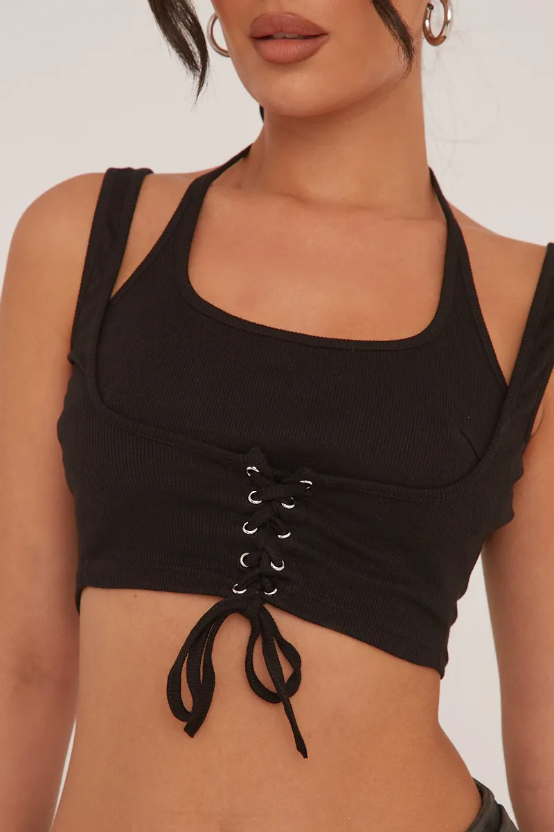 Black Lace Up Detail Cropped Top - Indie