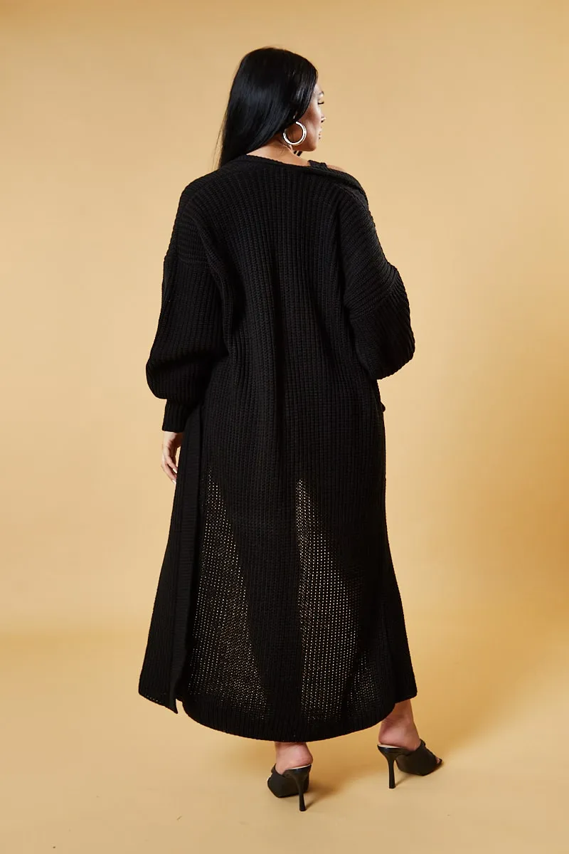 Black Longline Knit  Maxi Cardigan - Ema