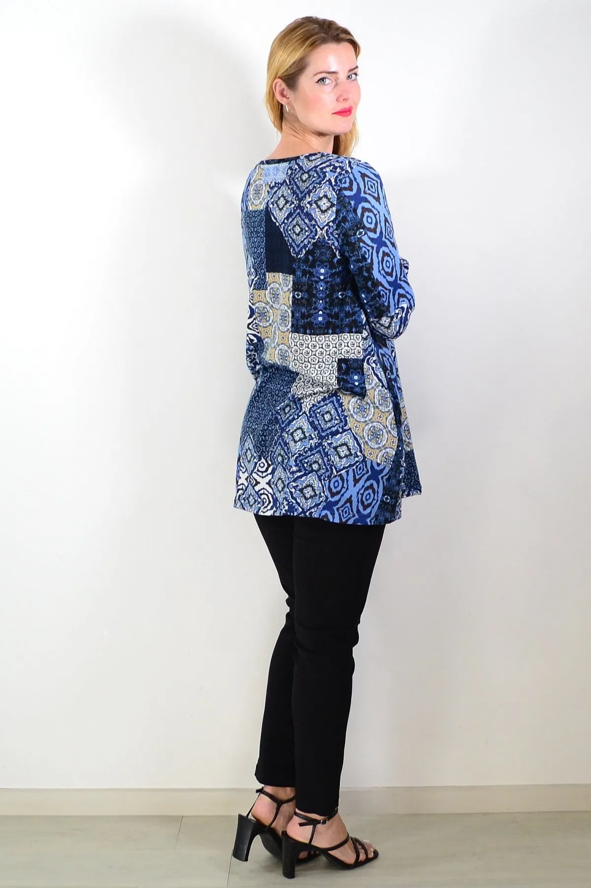 Blue Abstract Print Fleece Tunic Top