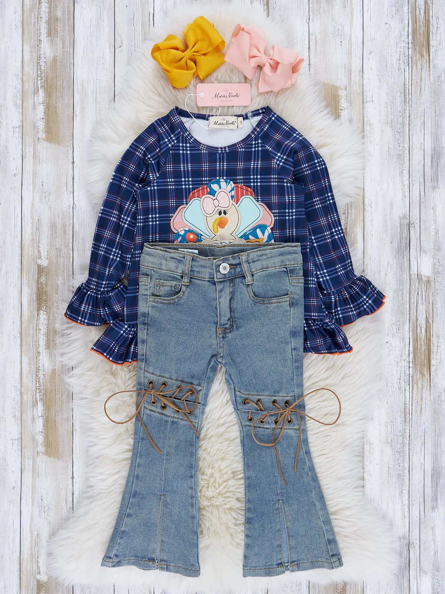 Blue & Orange Plaid Embroidered Turkey Outfit w/ Denim