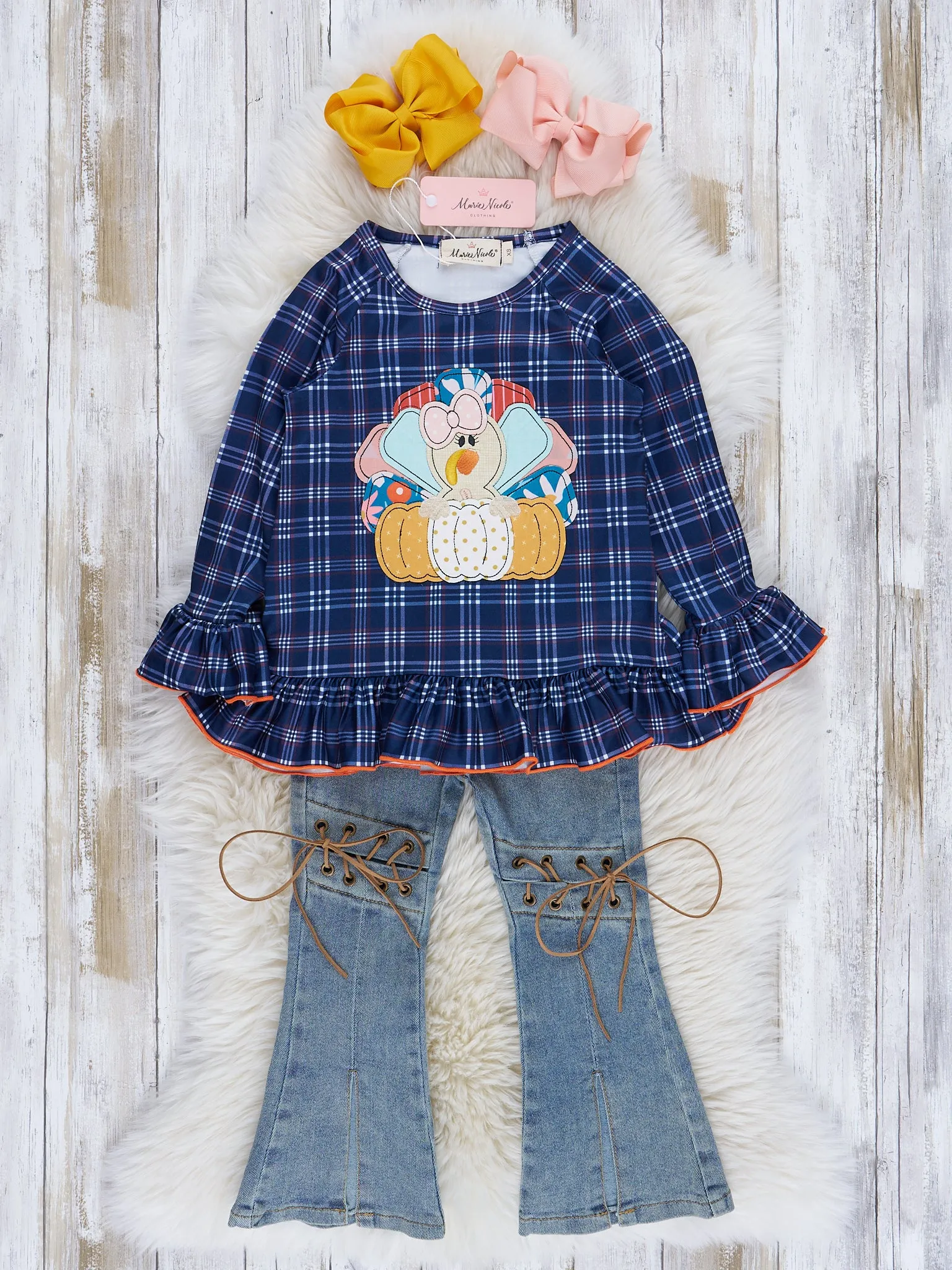 Blue & Orange Plaid Embroidered Turkey Outfit w/ Denim