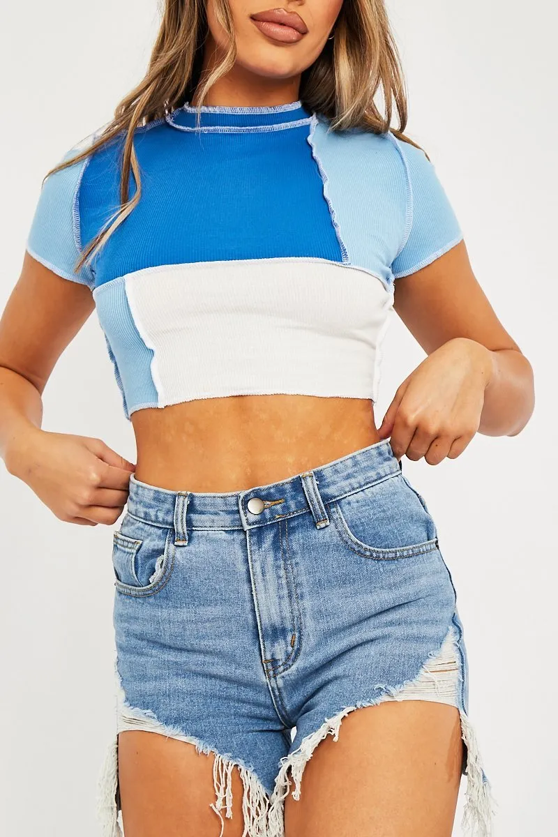 Blue Multi Contrast Stitch Panel Crop Top - Desire