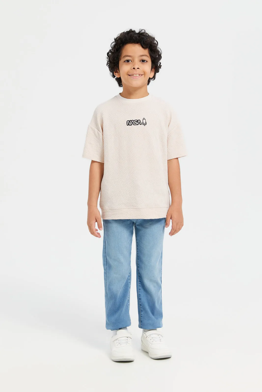 Boys Beige Jacquard Oversize T-Shirt