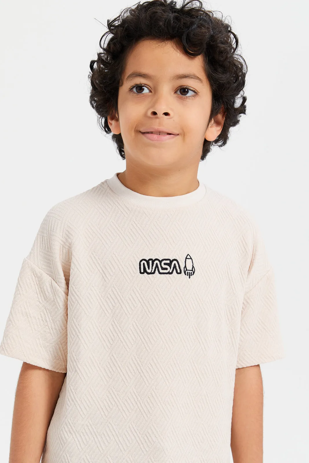 Boys Beige Jacquard Oversize T-Shirt