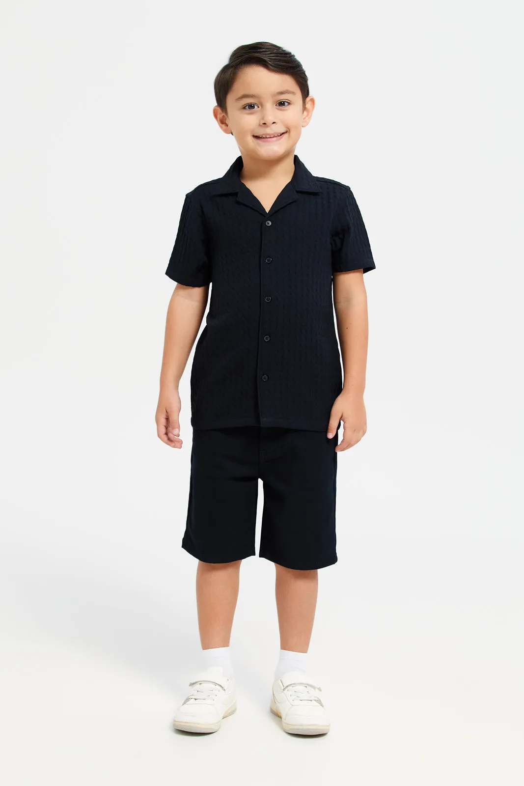 Boys Black Jacquard Resort Collar Shirt