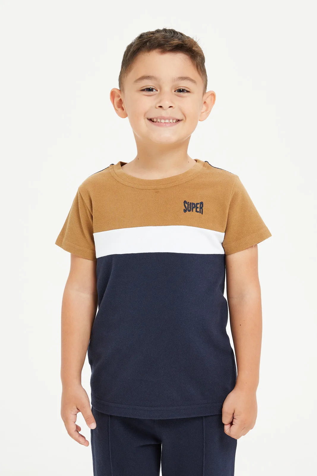 Boys Navy And Brown Jacquard Casual Set (2 Piece)