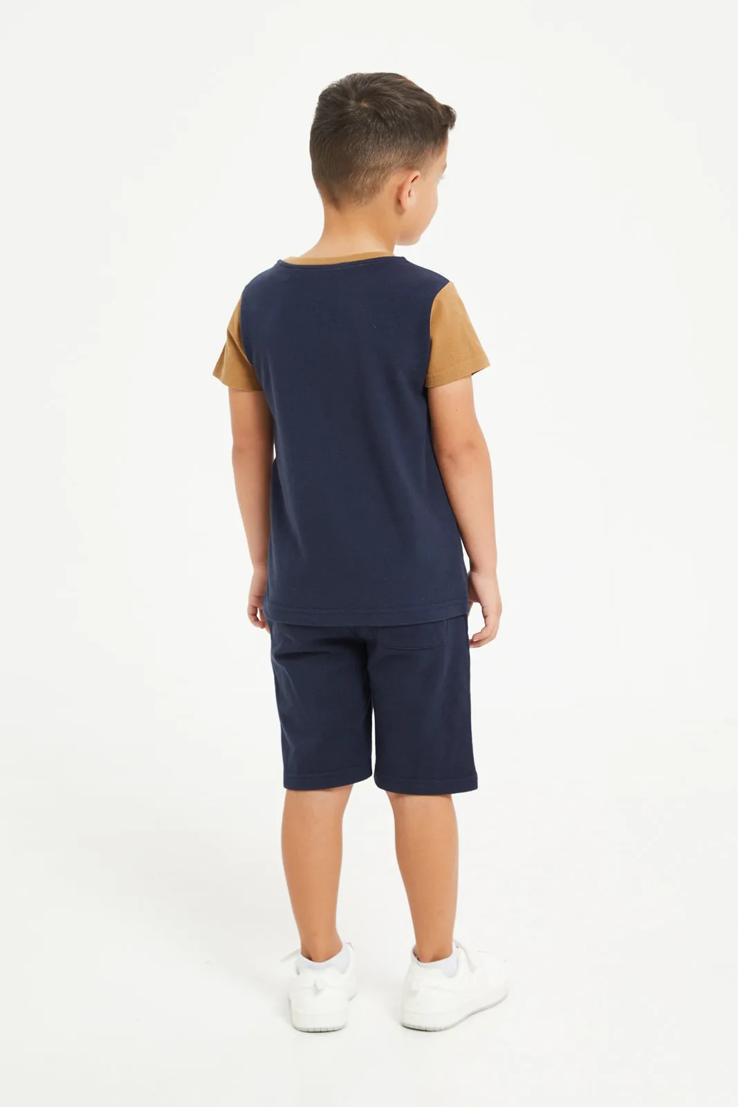 Boys Navy And Brown Jacquard Casual Set (2 Piece)