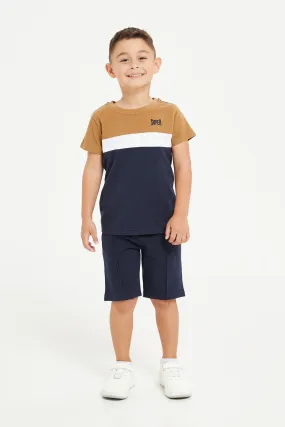 Boys Navy And Brown Jacquard Casual Set (2 Piece)