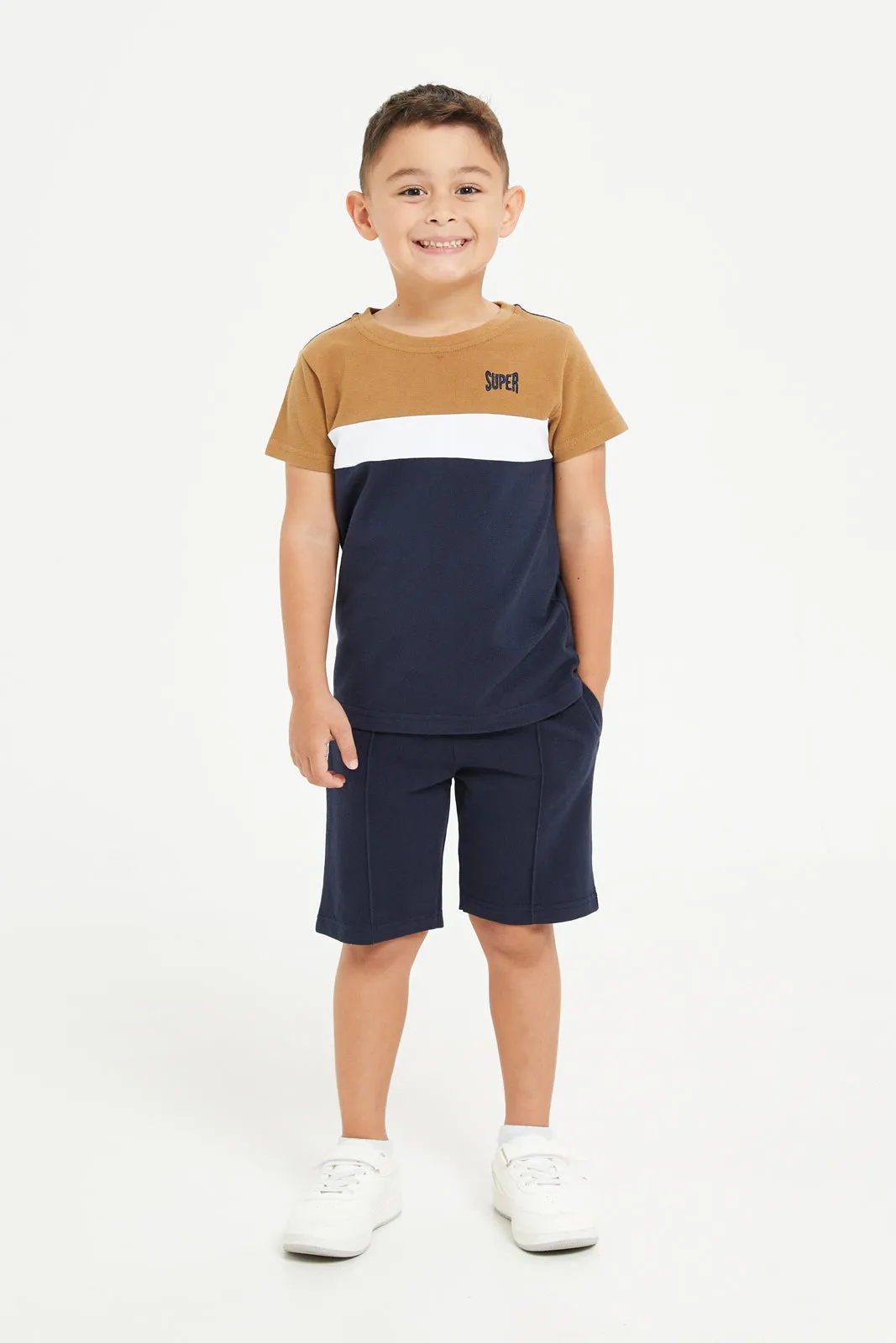 Boys Navy And Brown Jacquard Casual Set (2 Piece)