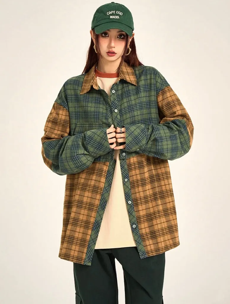 Bridget Plaid Patchwork Boyfriend Long Sleeve Baggy Office Shirt Top