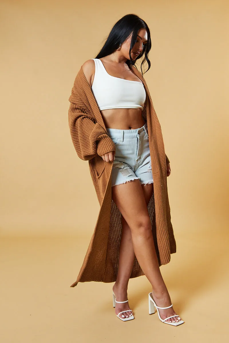 Brown Longline Knit  Maxi Cardigan - Ema