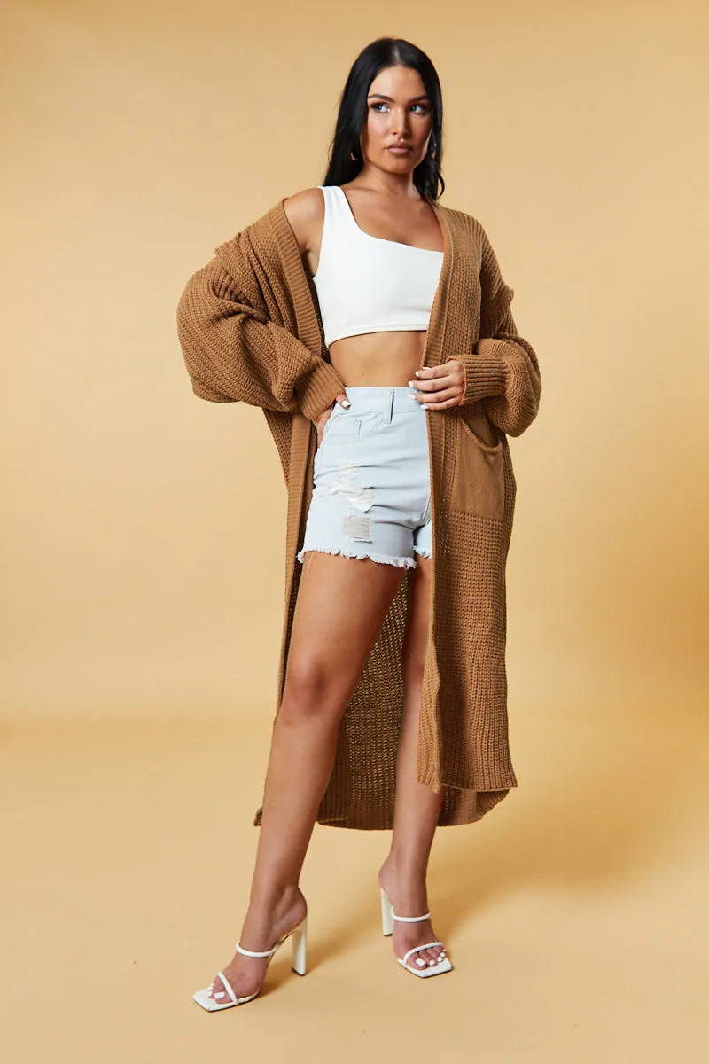 Brown Longline Knit  Maxi Cardigan - Ema