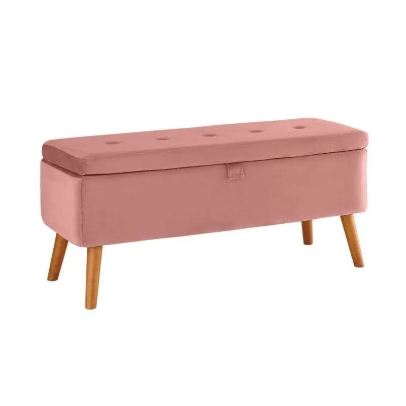 Button Tufted Velvet Storage Bench in Pink