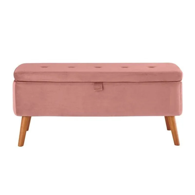 Button Tufted Velvet Storage Bench in Pink