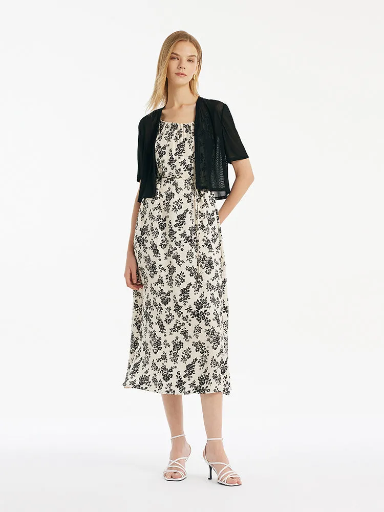 Camellia Printed Spaghetti Strap Dress And Knitted Cardigan Two-Piece Set With Belt