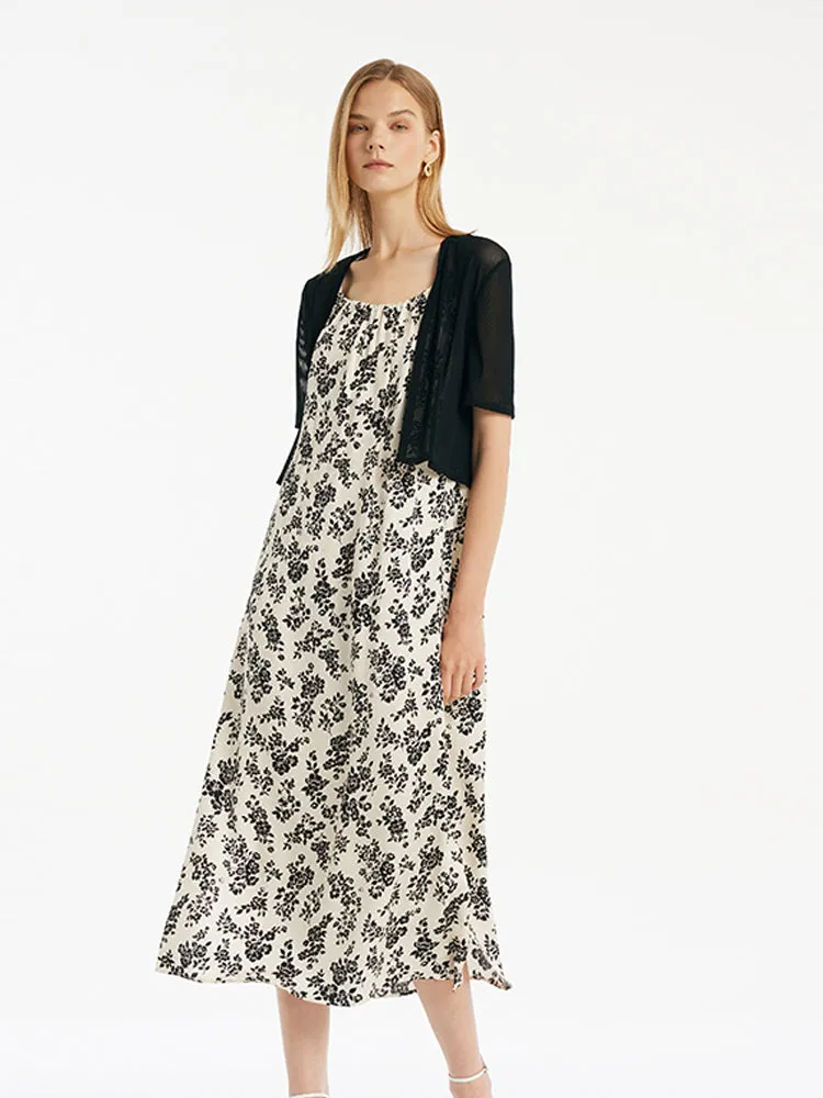 Camellia Printed Spaghetti Strap Dress And Knitted Cardigan Two-Piece Set With Belt