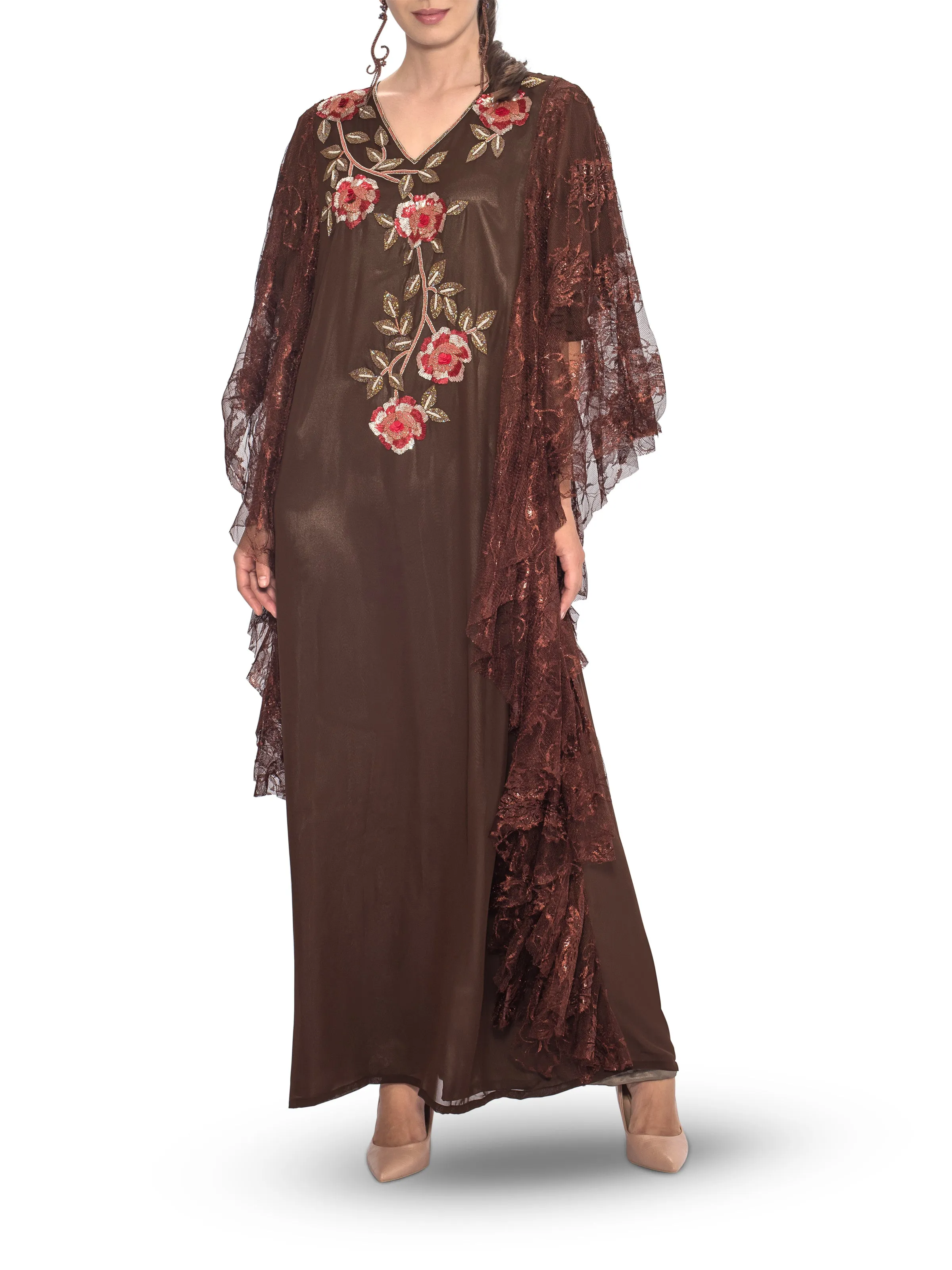 Chocolate Lace Detailing with Floral Embroidery On Front Kaftan