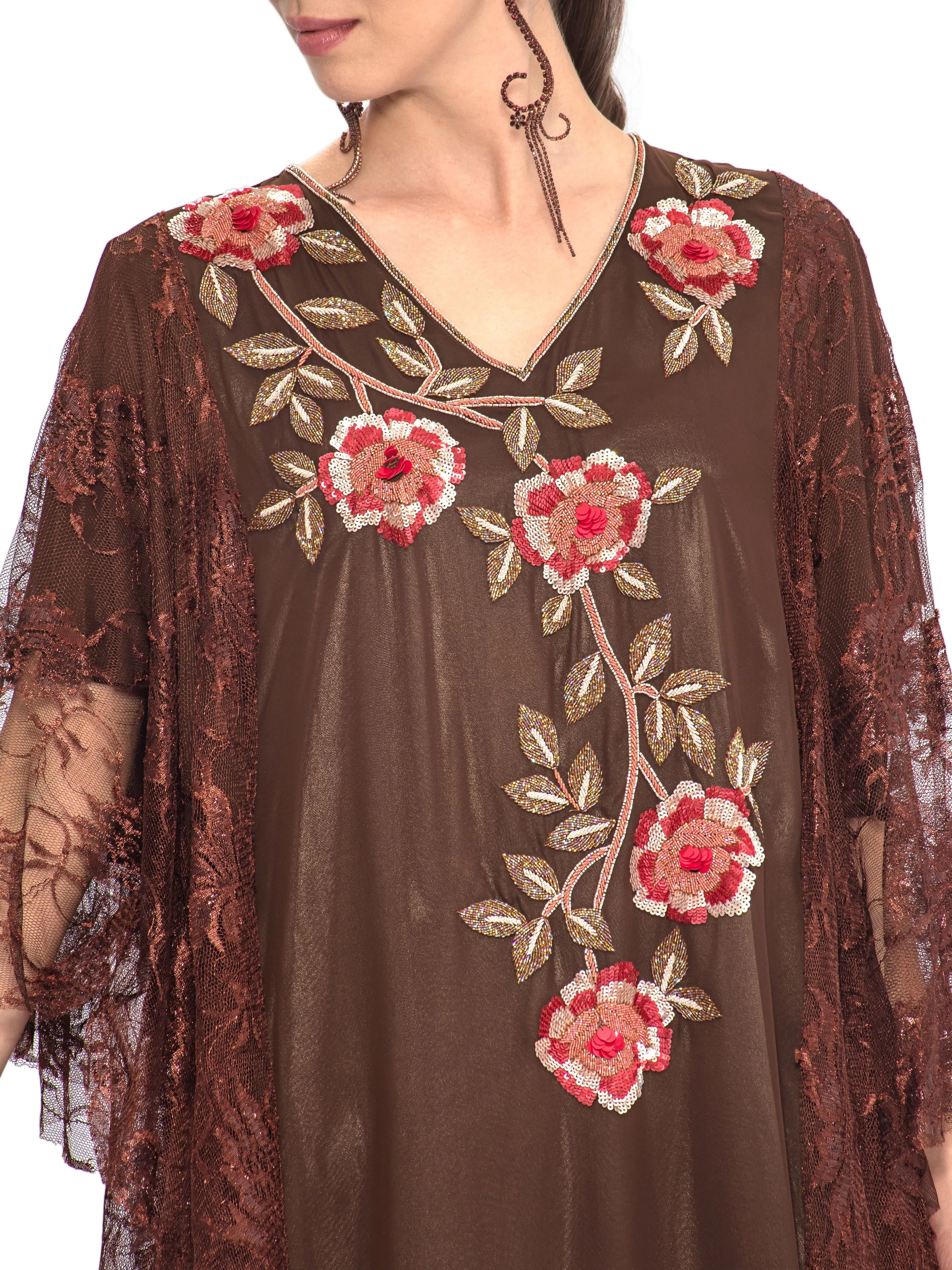 Chocolate Lace Detailing with Floral Embroidery On Front Kaftan