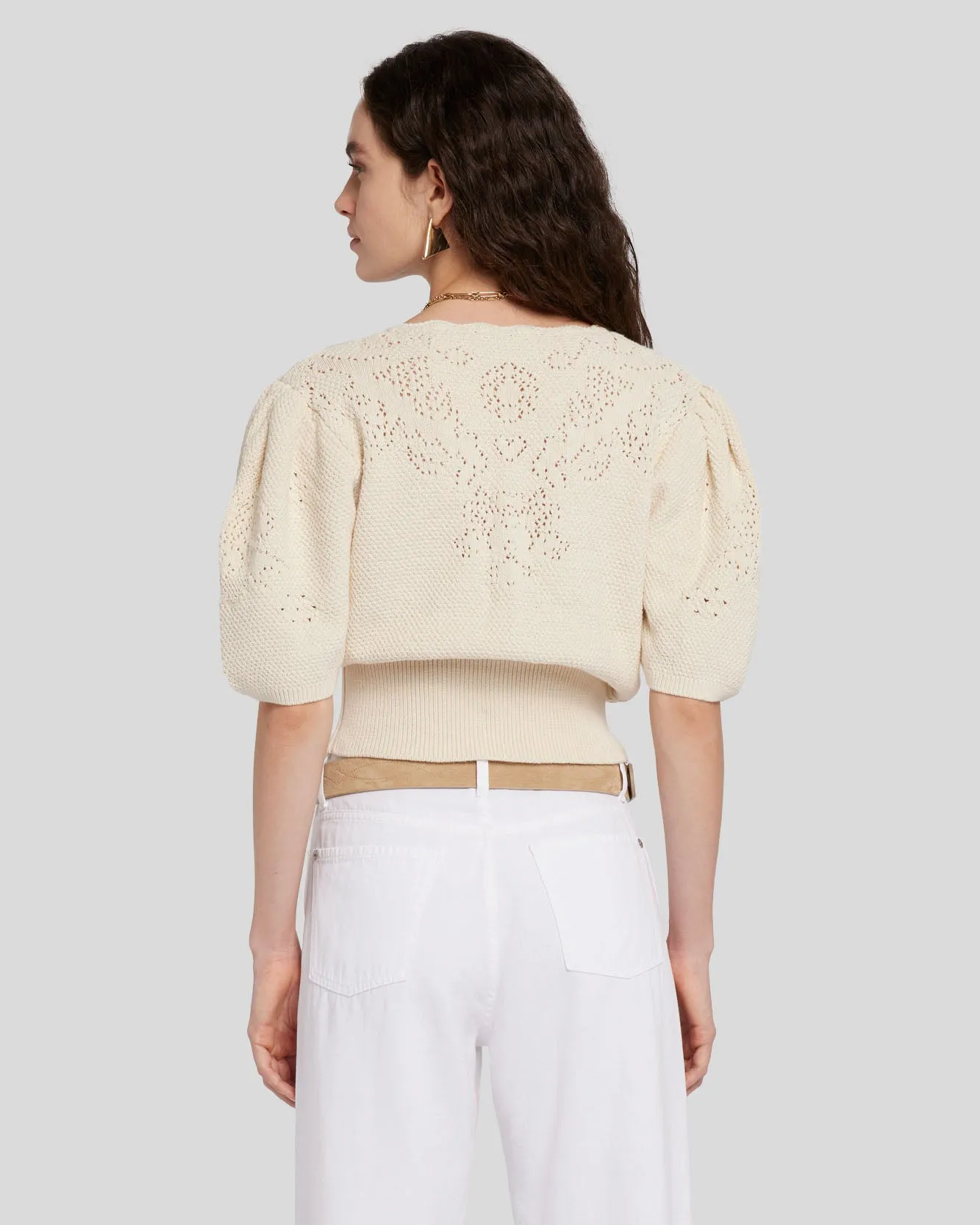 Cinched Puff Sleeve Cardigan in Bone