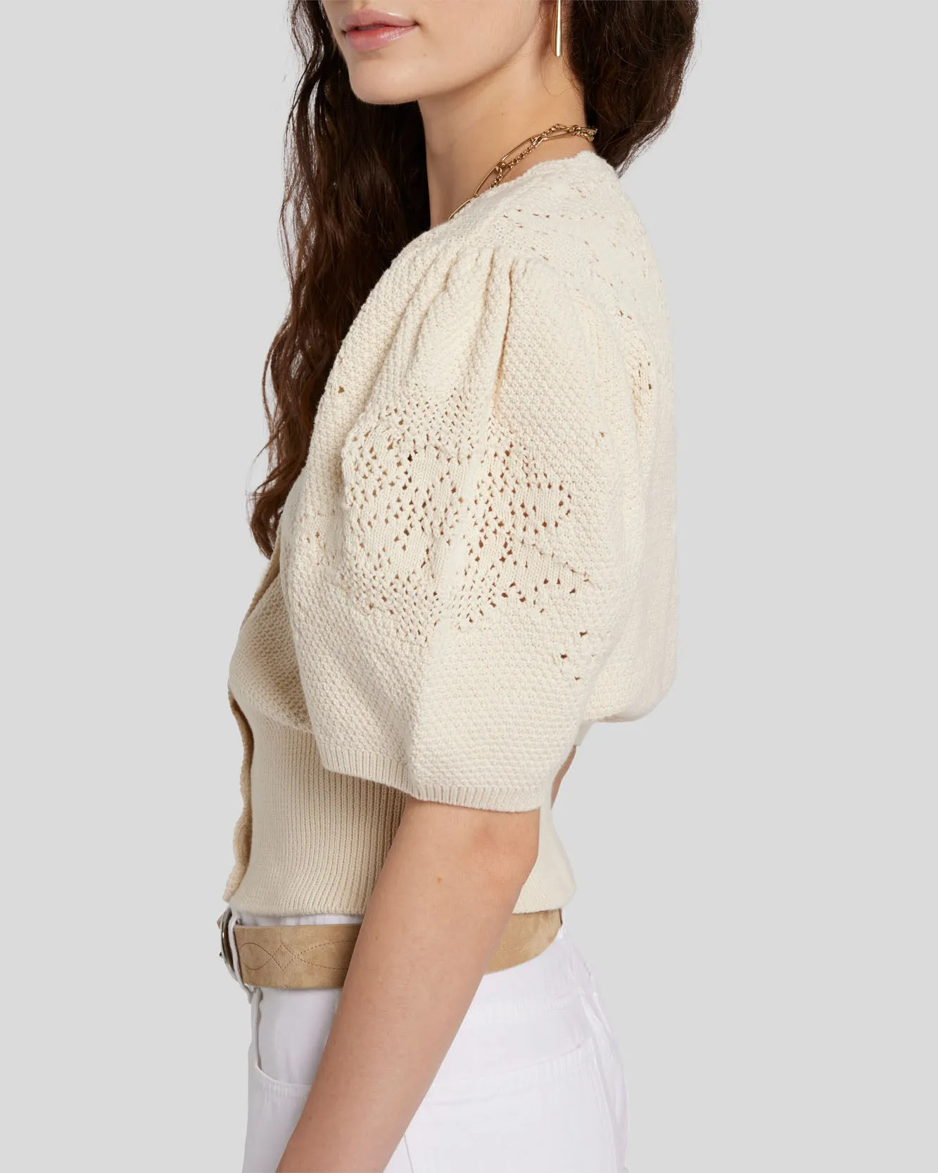 Cinched Puff Sleeve Cardigan in Bone