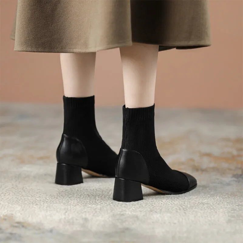 Classic Elegant Slimming Boots Mid Heel Knit Stretch Boots Square Toe Sock Boots in Black