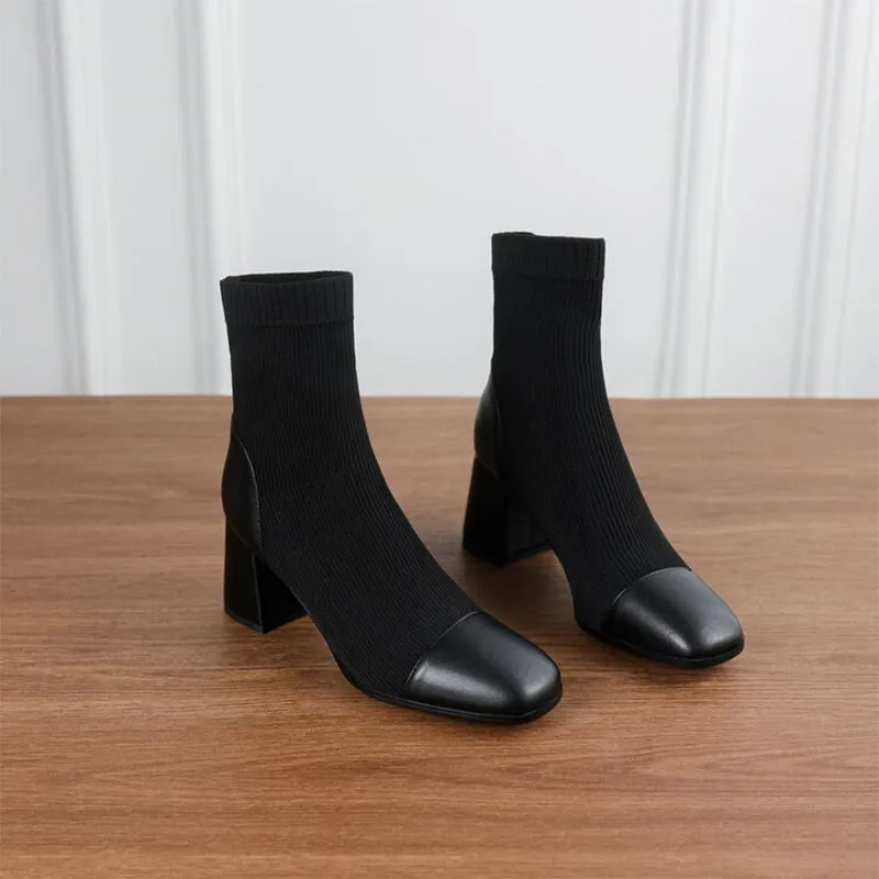 Classic Elegant Slimming Boots Mid Heel Knit Stretch Boots Square Toe Sock Boots in Black