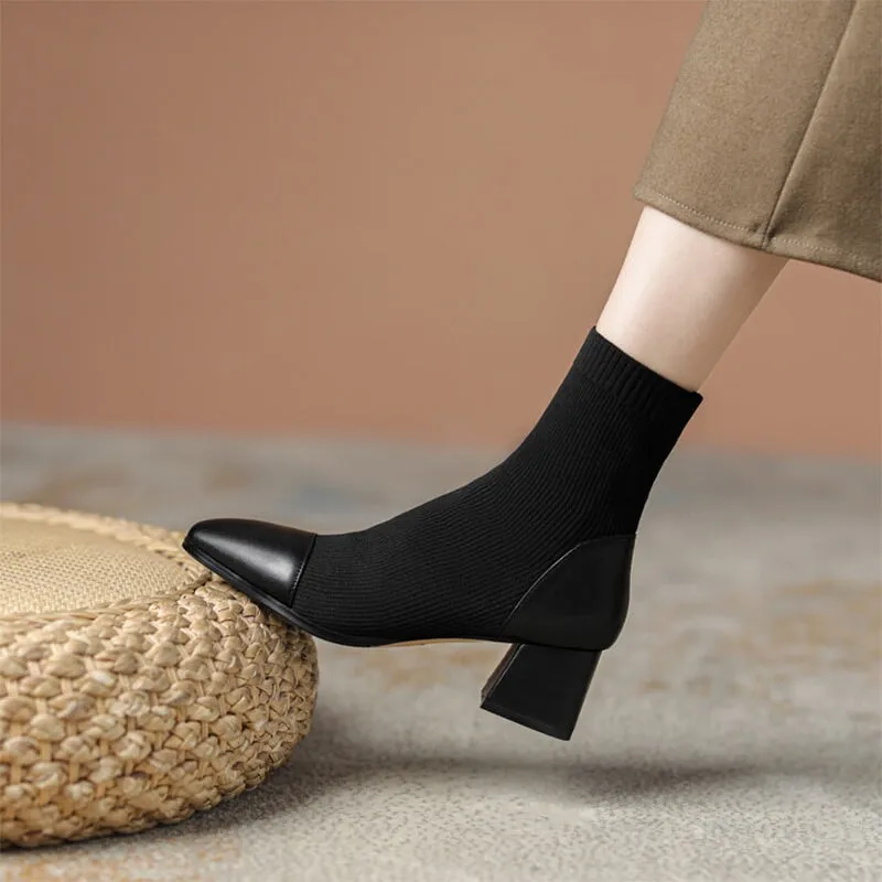 Classic Elegant Slimming Boots Mid Heel Knit Stretch Boots Square Toe Sock Boots in Black