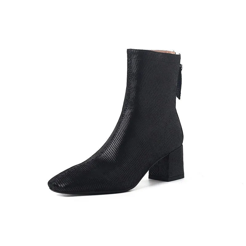 Classic Elegant Slimming Boots Mid Heel Square Toe Sock Boots in Black/Brown