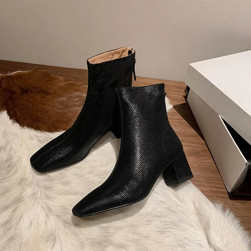 Classic Elegant Slimming Boots Mid Heel Square Toe Sock Boots in Black/Brown