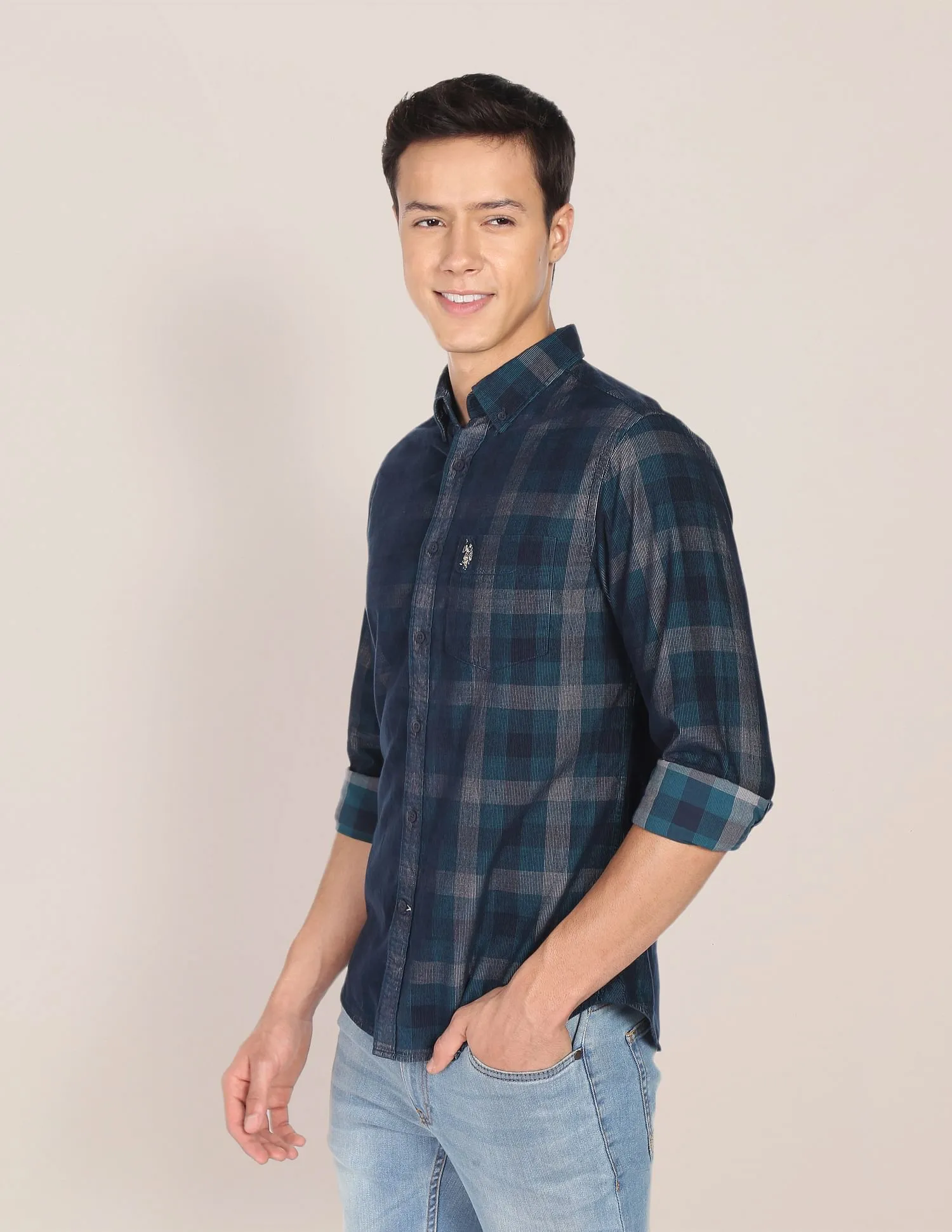 Corduroy Tartan Check Casual Shirt