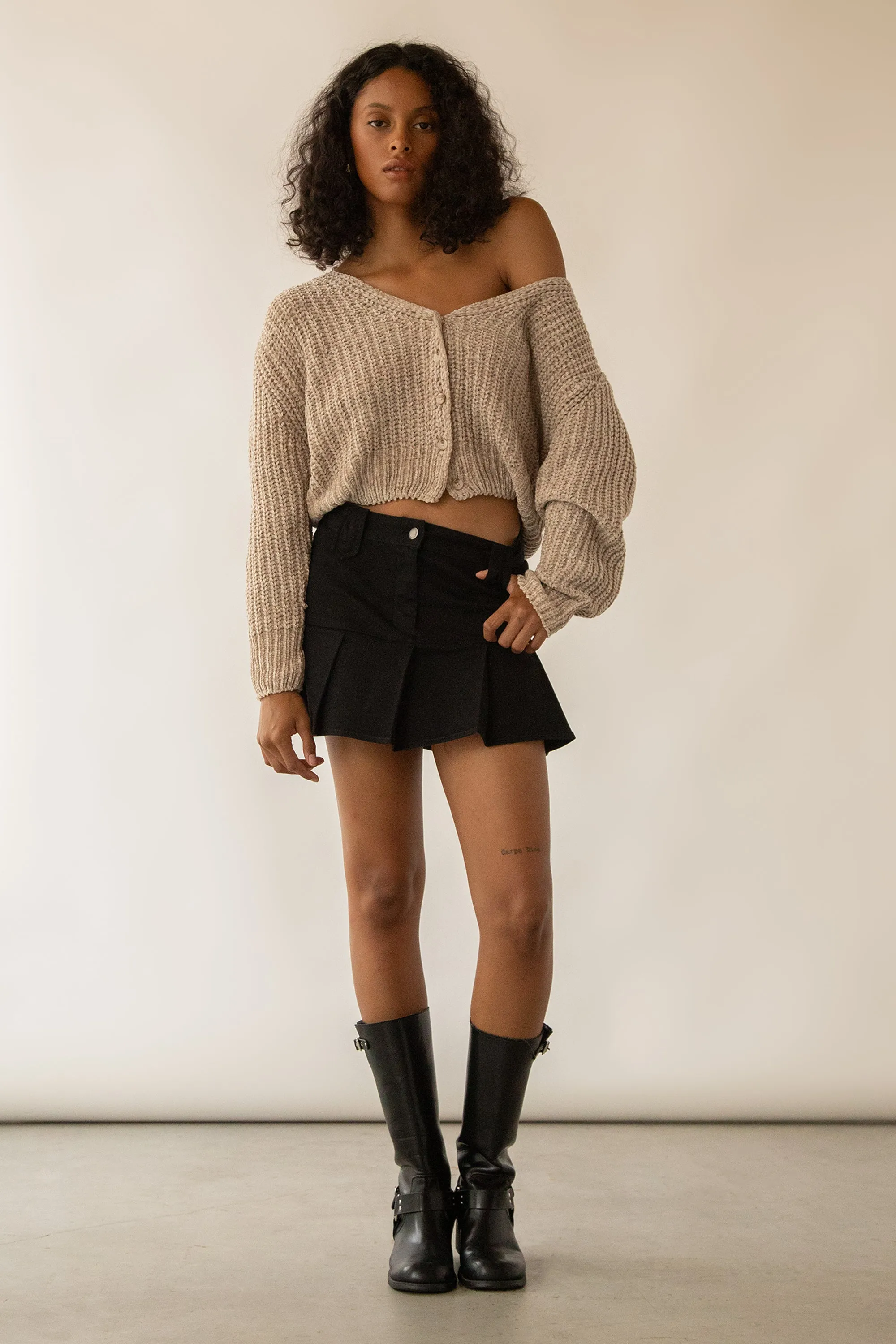 CROPPED CHENILLE KNIT CARDIGAN