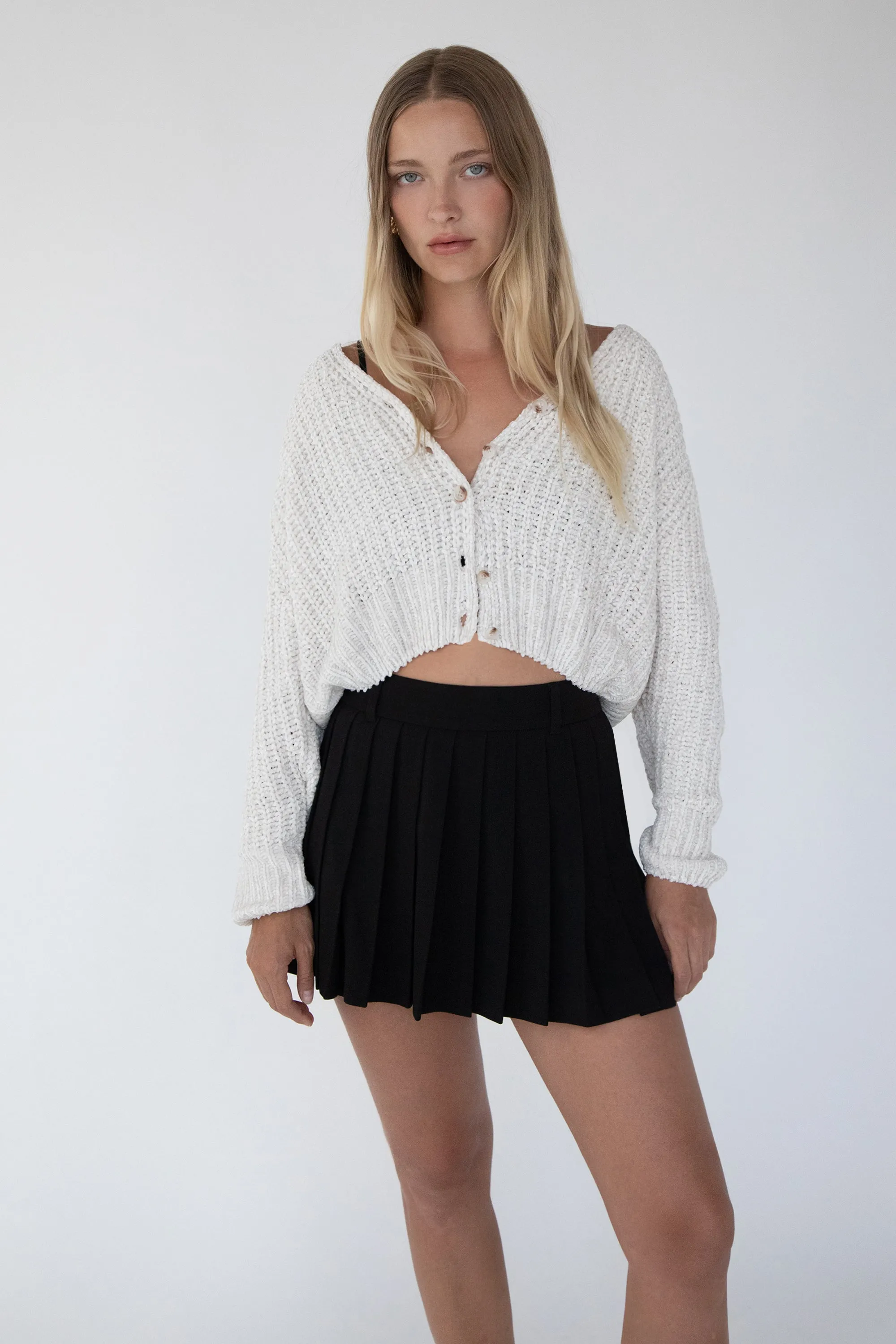 CROPPED CHENILLE KNIT CARDIGAN