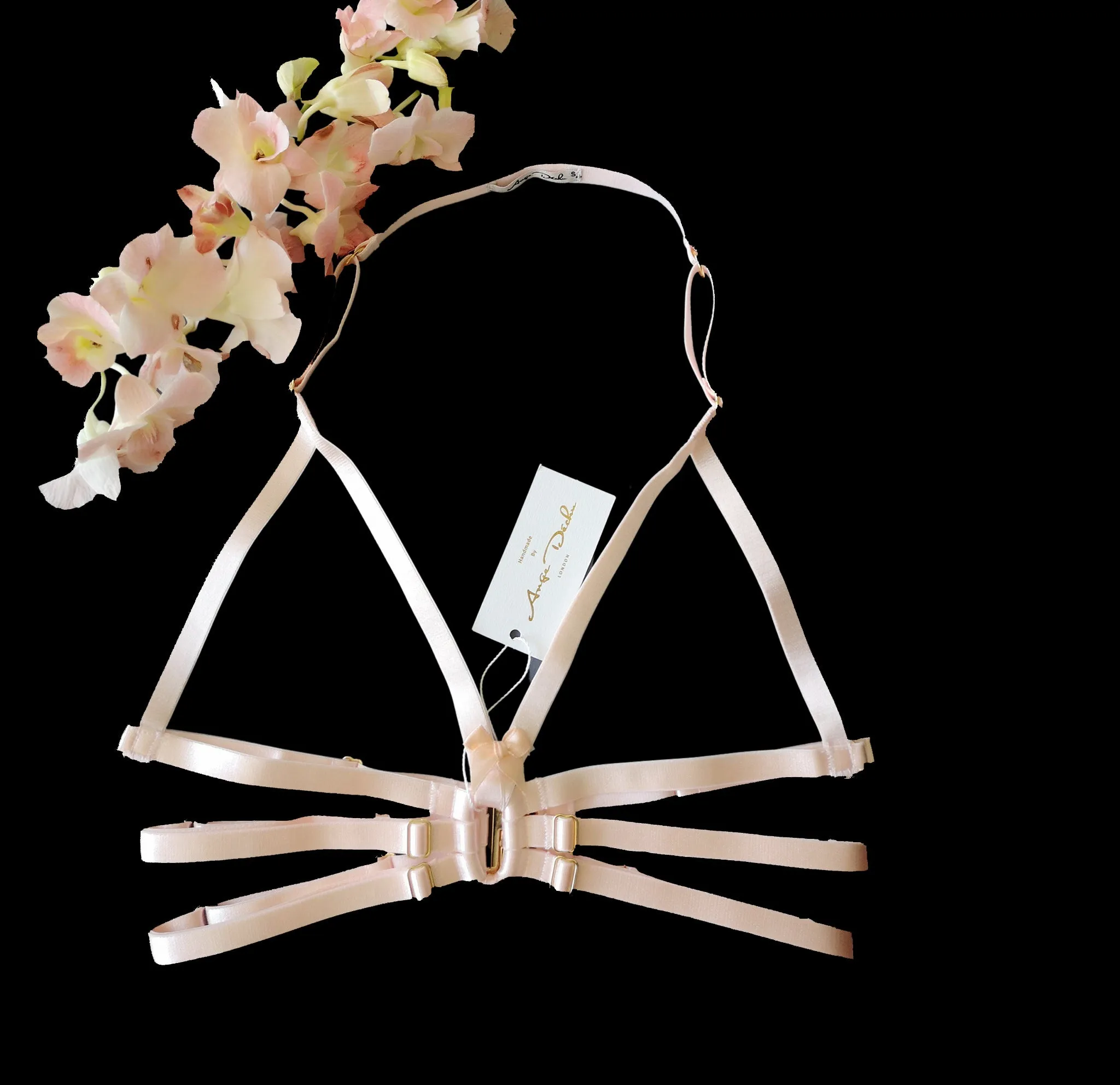 Erotic lingerie strappy body harness 6 piece set in peach by Ange Dechu