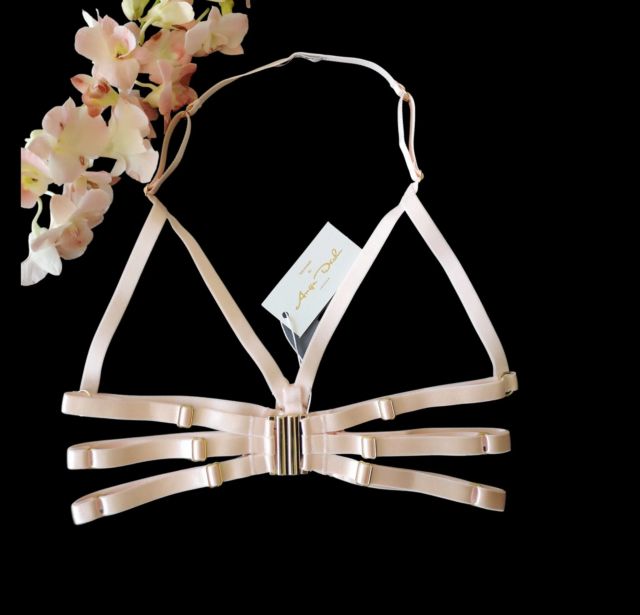 Erotic lingerie strappy body harness 6 piece set in peach by Ange Dechu