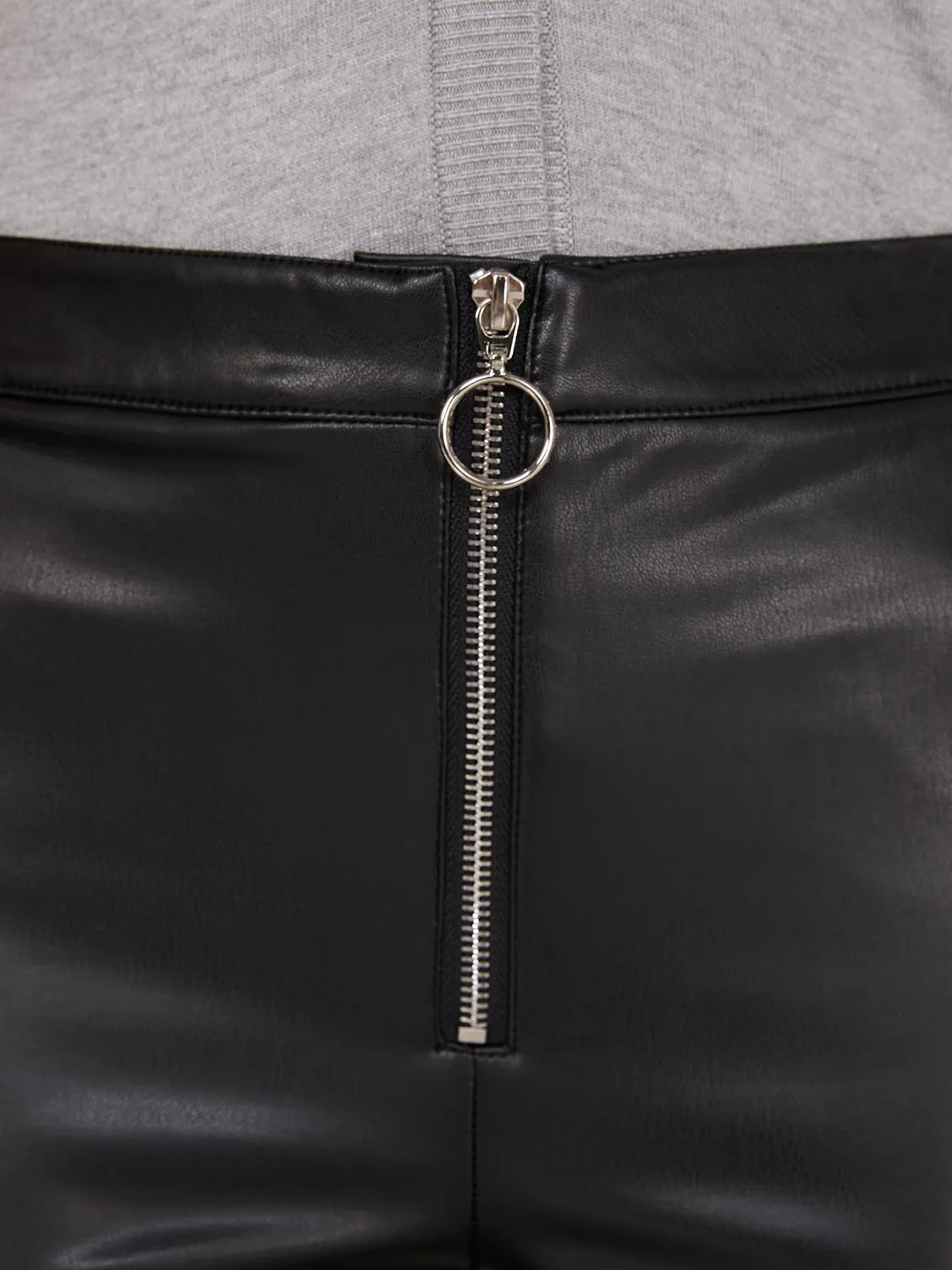 Exposed Zipper Faux Leather Ankle Length Pants